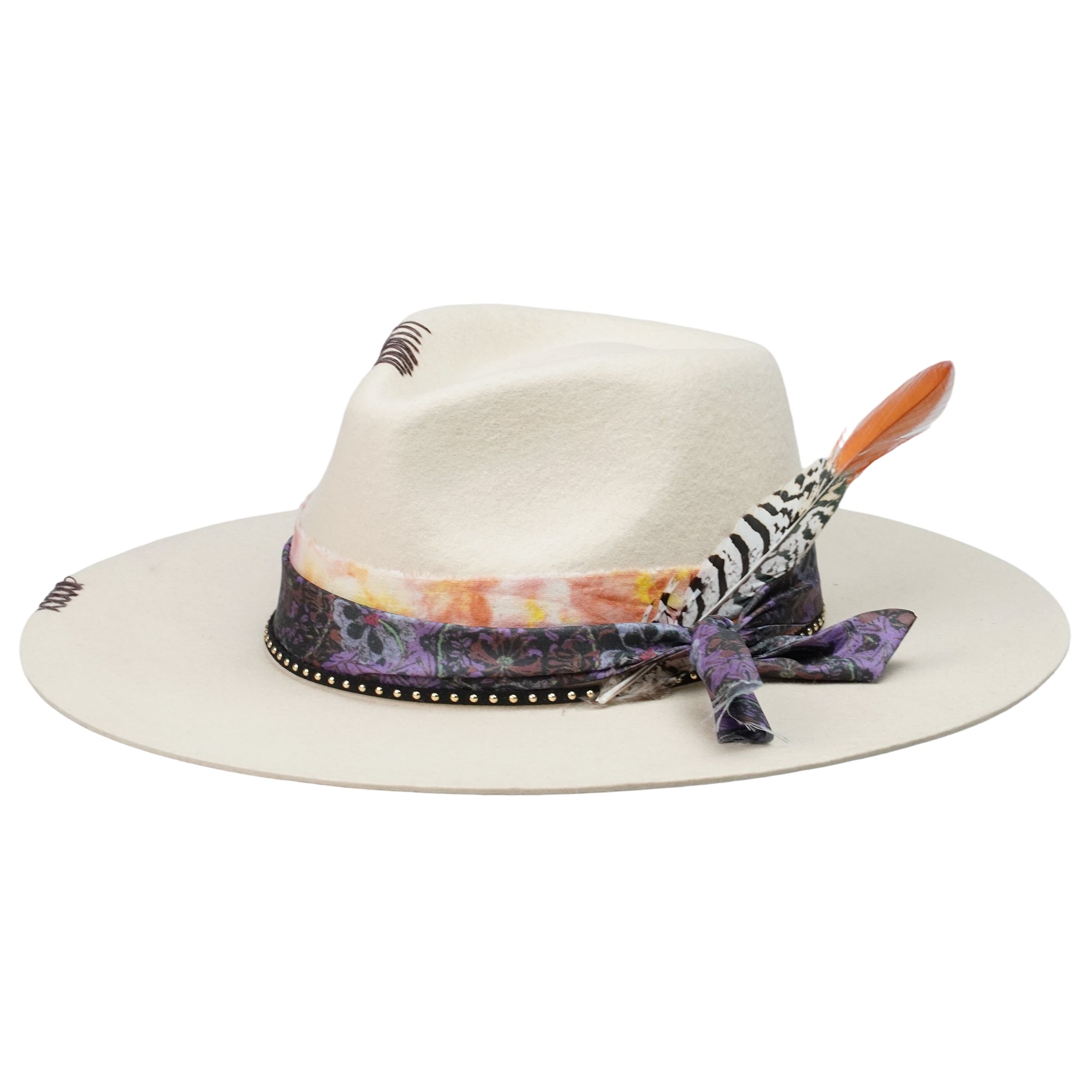 Teardrop Felt Hat with Ornate Band & Feathers