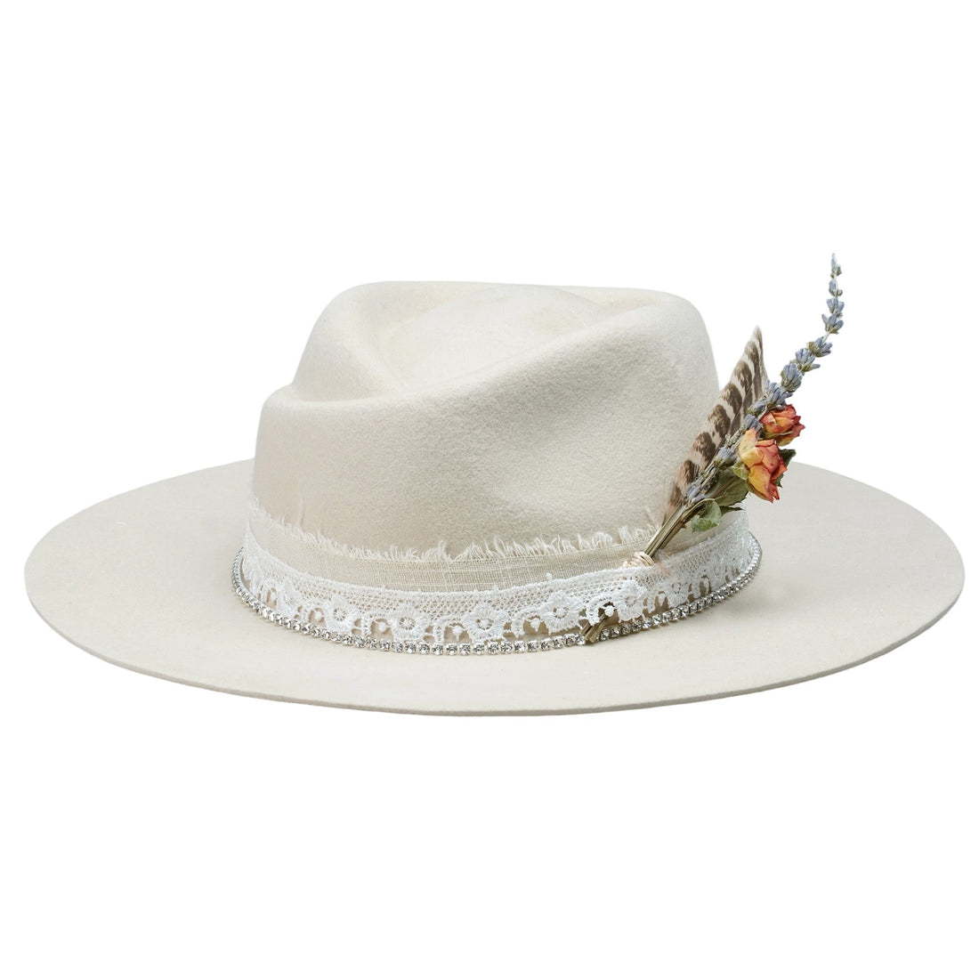 Cream Felt Fedora with Lace Band & Diamond Chain