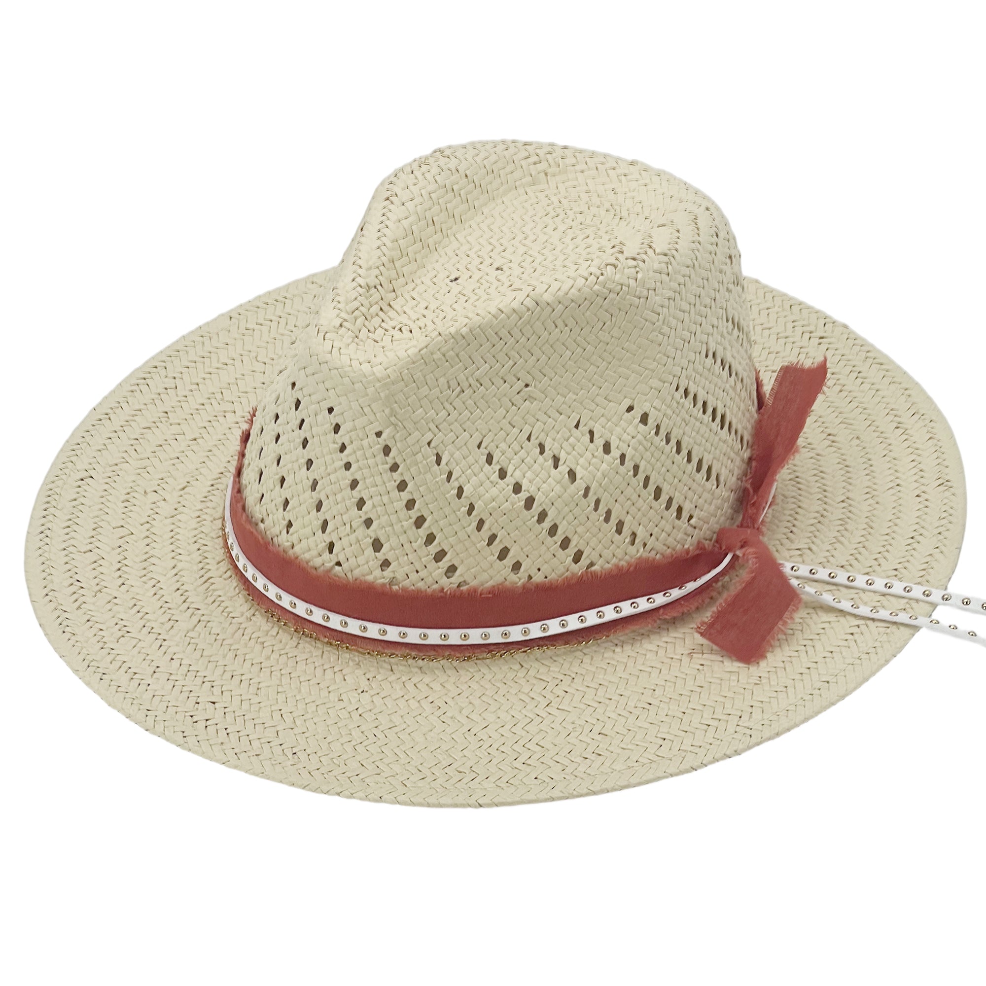 Soft Beige Straw – Orange Band & Chain Detail