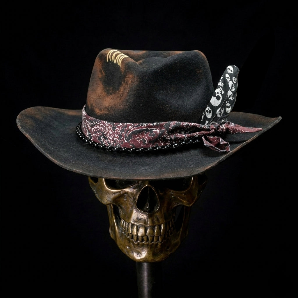 Hand-Burned Modern Felt Hat – Dark Base, Textured Accents