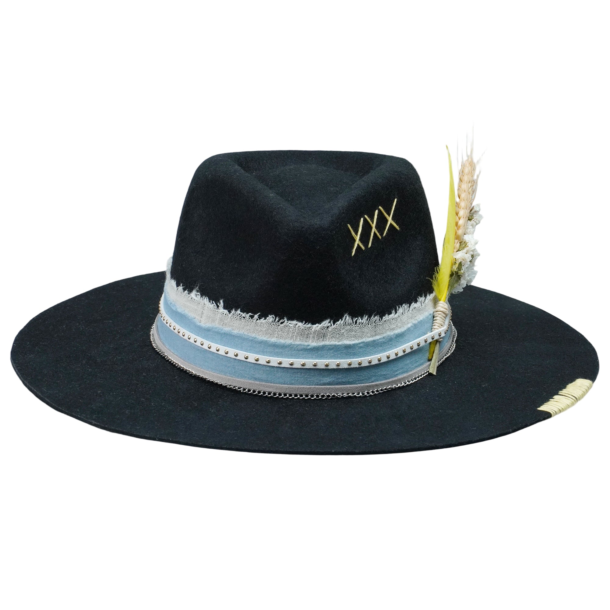 Black Felt Fedora with Denim & Leather Band