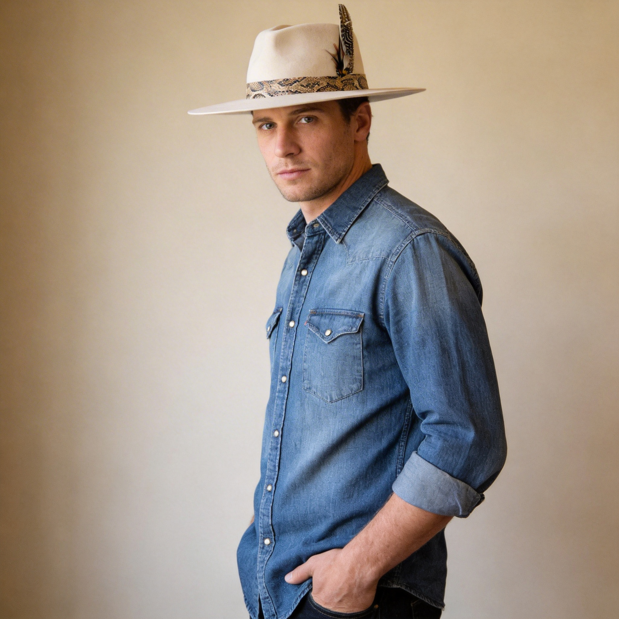 Ivory Wide-Brim Felt Hat – Feather Accent