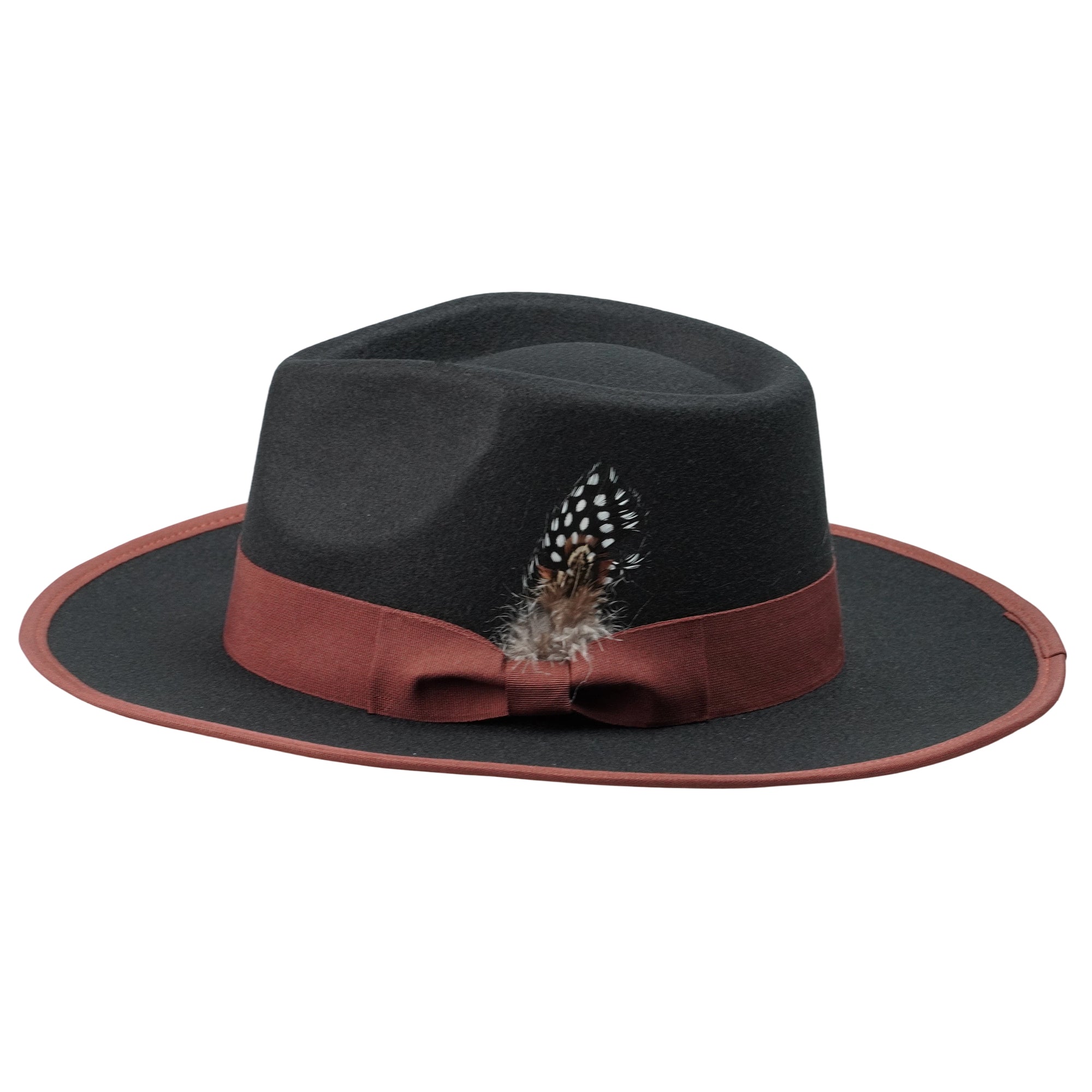 Black Felt Fedora with Burgundy Bow & Feather