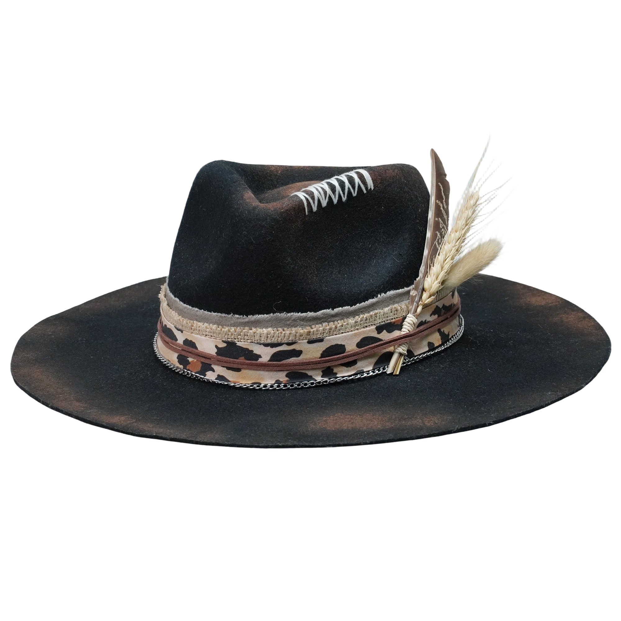 Teardrop Fedora - Black with Burned & Stitched Design