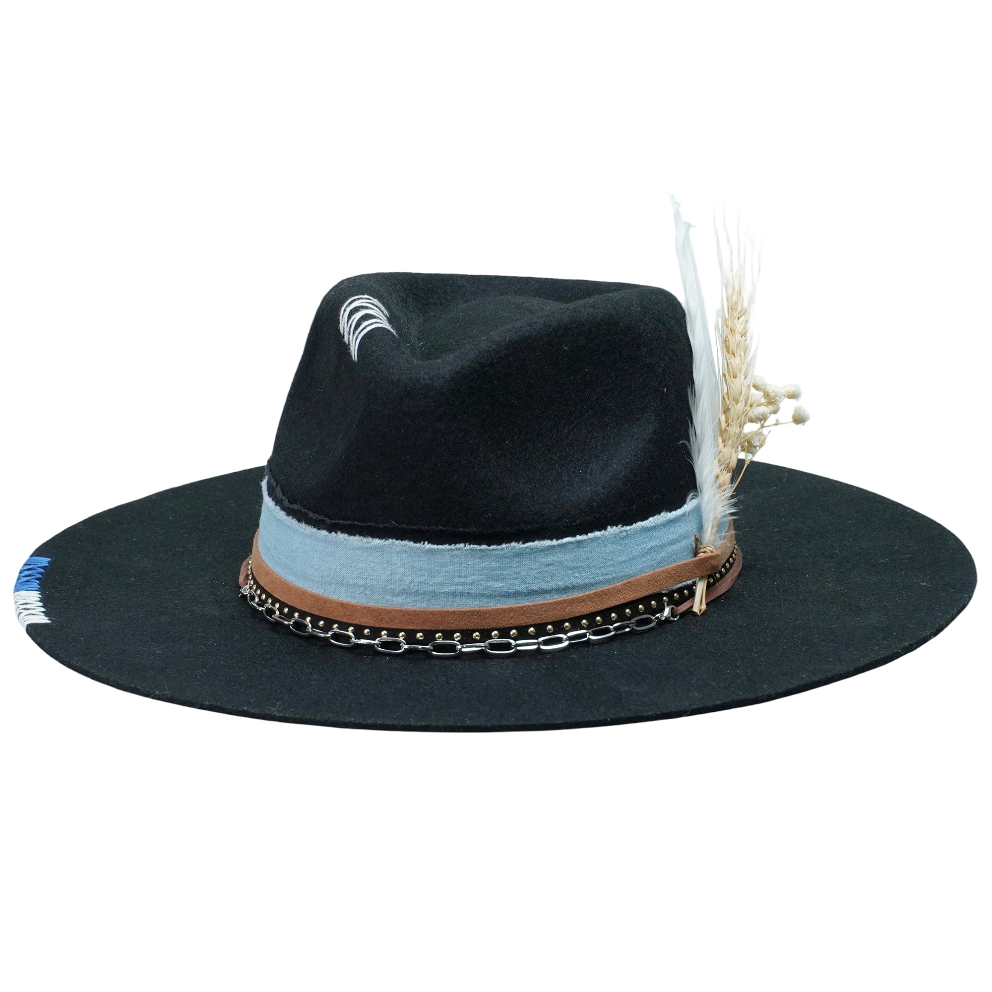 Classic Black Felt Fedora with Denim & Dried Flower Band