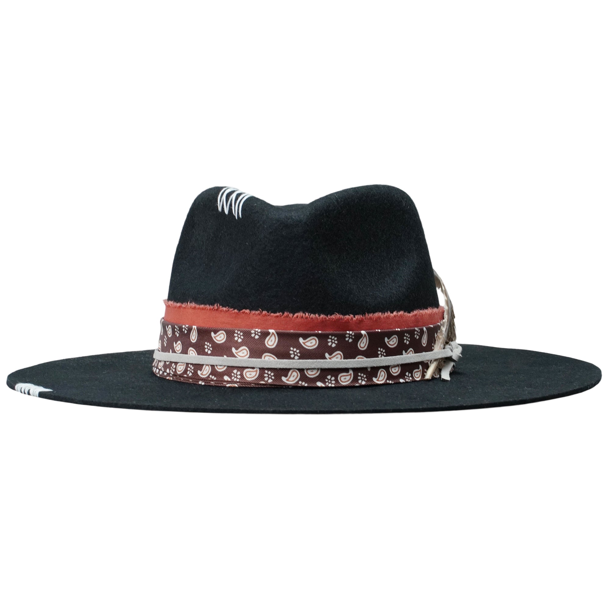 Modern Flat-Brim Hat – Sleek Black, Custom Fabric Band with Feathers