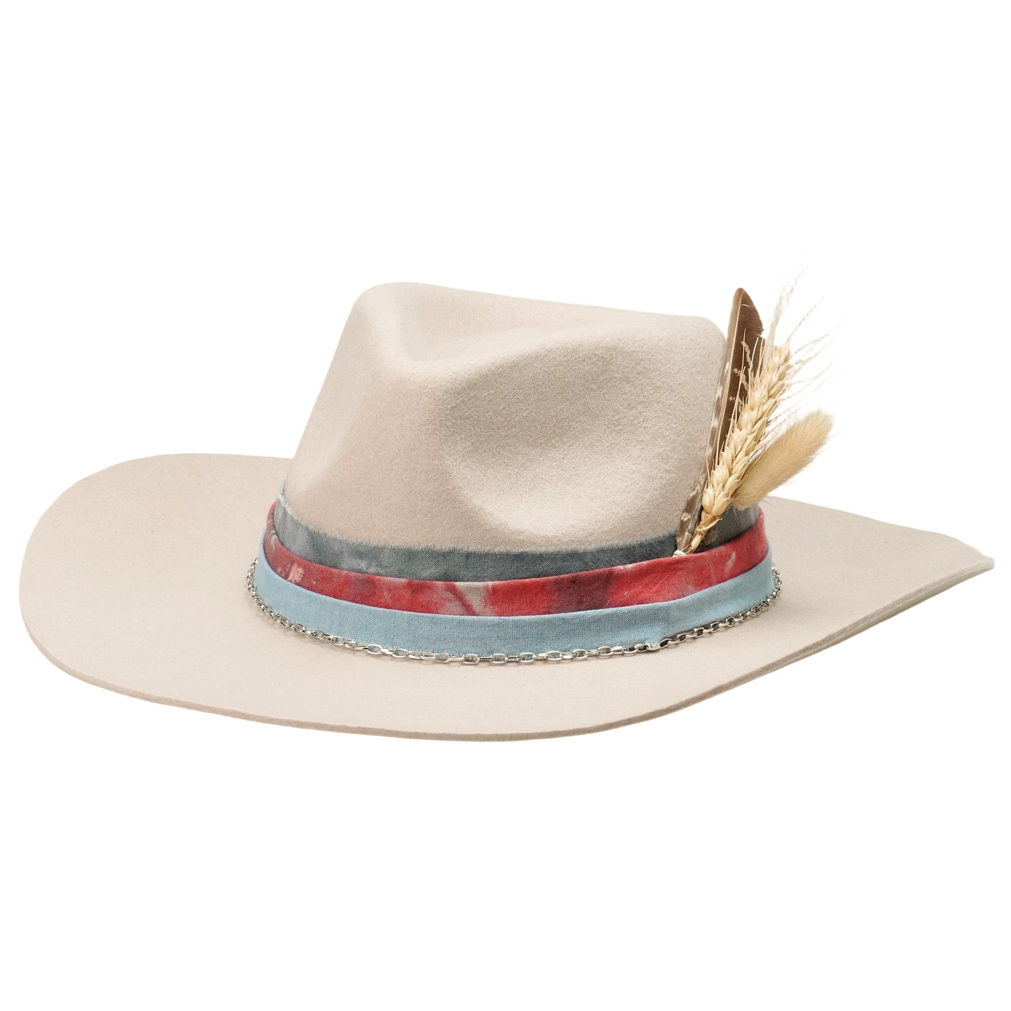 Teardrop Fedora - Off-White with Custom Fabric & Feather Accent