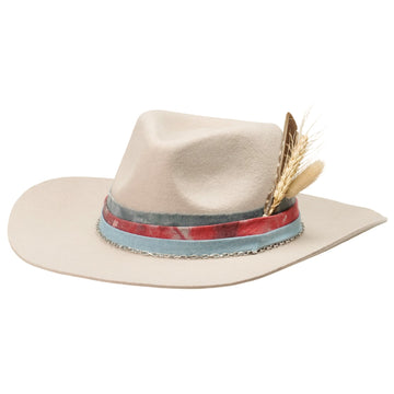 Teardrop Fedora - Off-White with Custom Fabric & Feather Accent