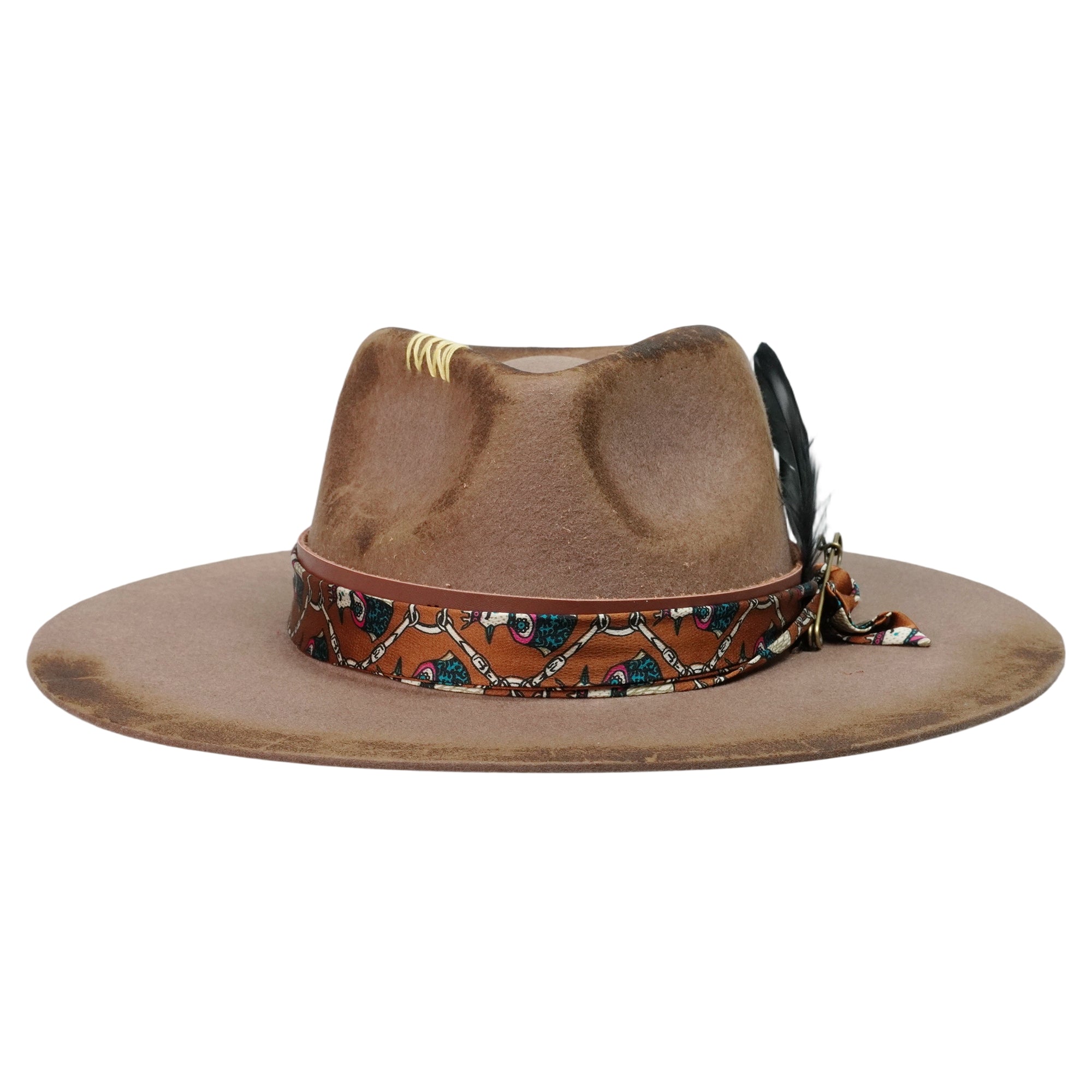 Hand-Burned Edgy Felt Hat – Neutral Tone, Feather Detail