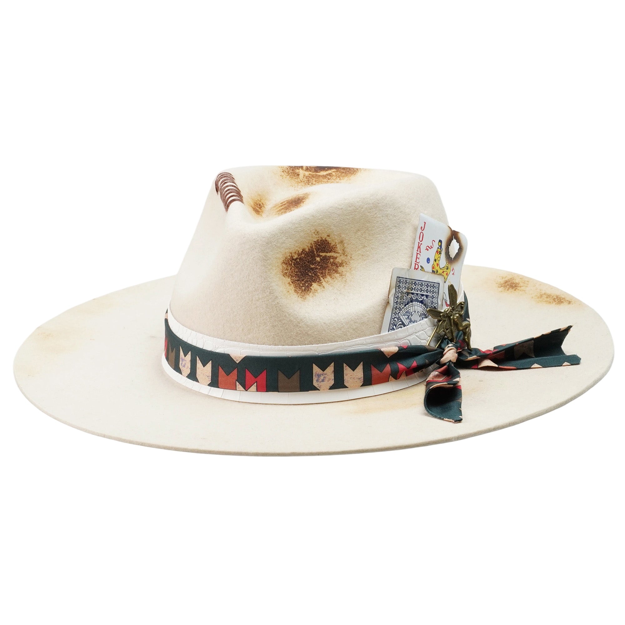 Artistic Felt Hat – Neutral Base, Charred Playing Card Feature