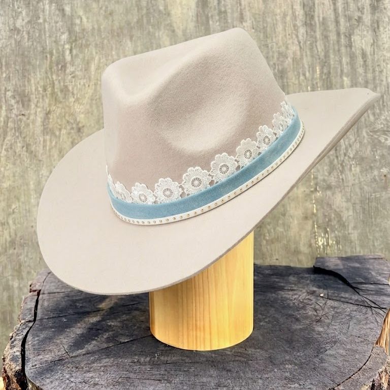Off-White Rolled Brim Felt Hat with Lace & Denim Band