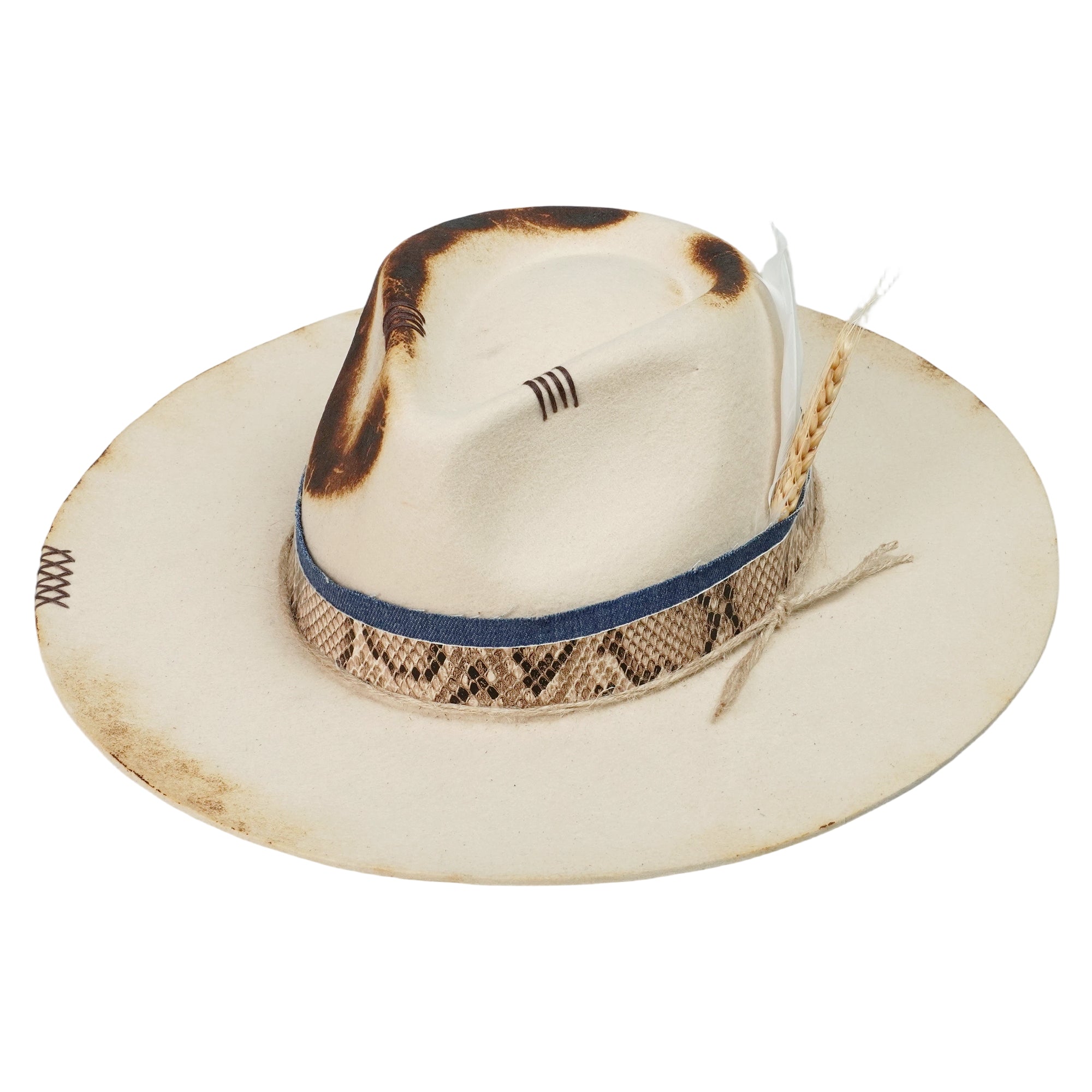 Architectural Felt Hat – Charred Finish, Feathered Wheat