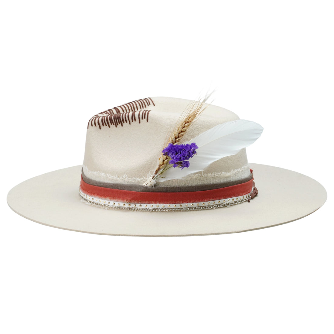 Classic Teardrop Crown Hat - Cream with Stitched Design