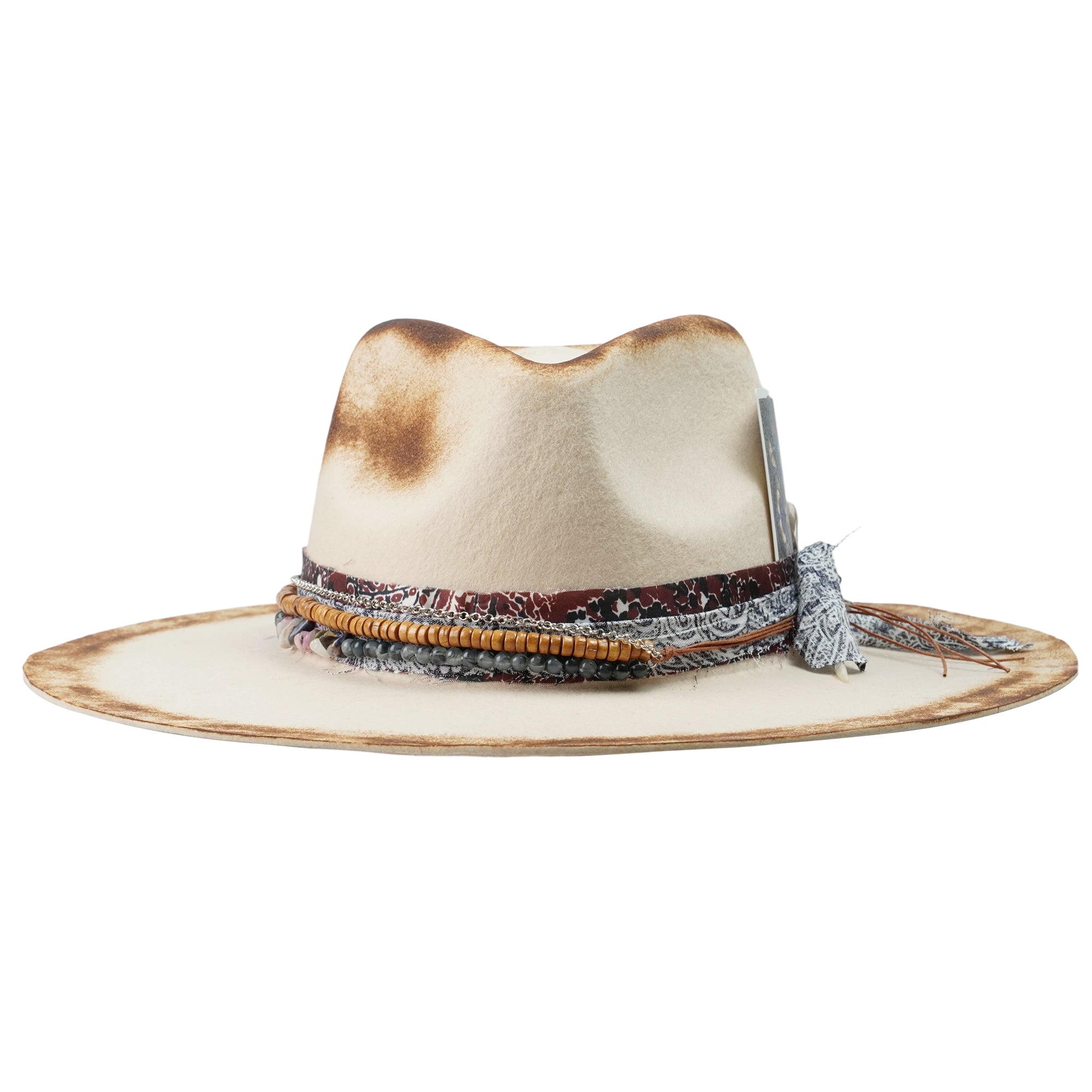Hand-Burned Statement Felt Hat – Distressed Finish, Custom Fabric Trim