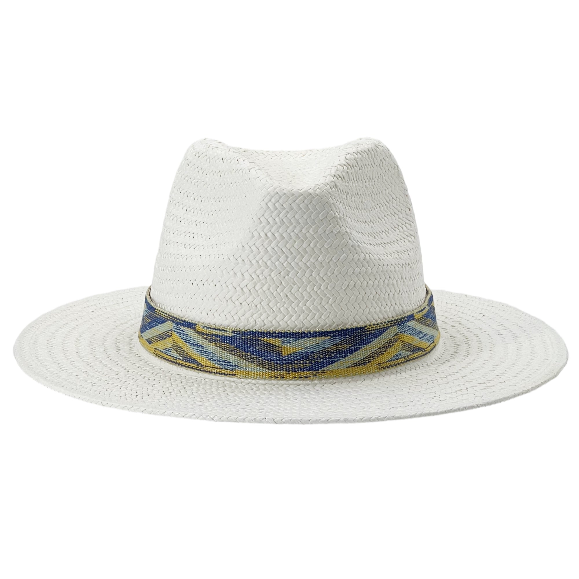 White Straw Hat – Woven Blue & Yellow Trim