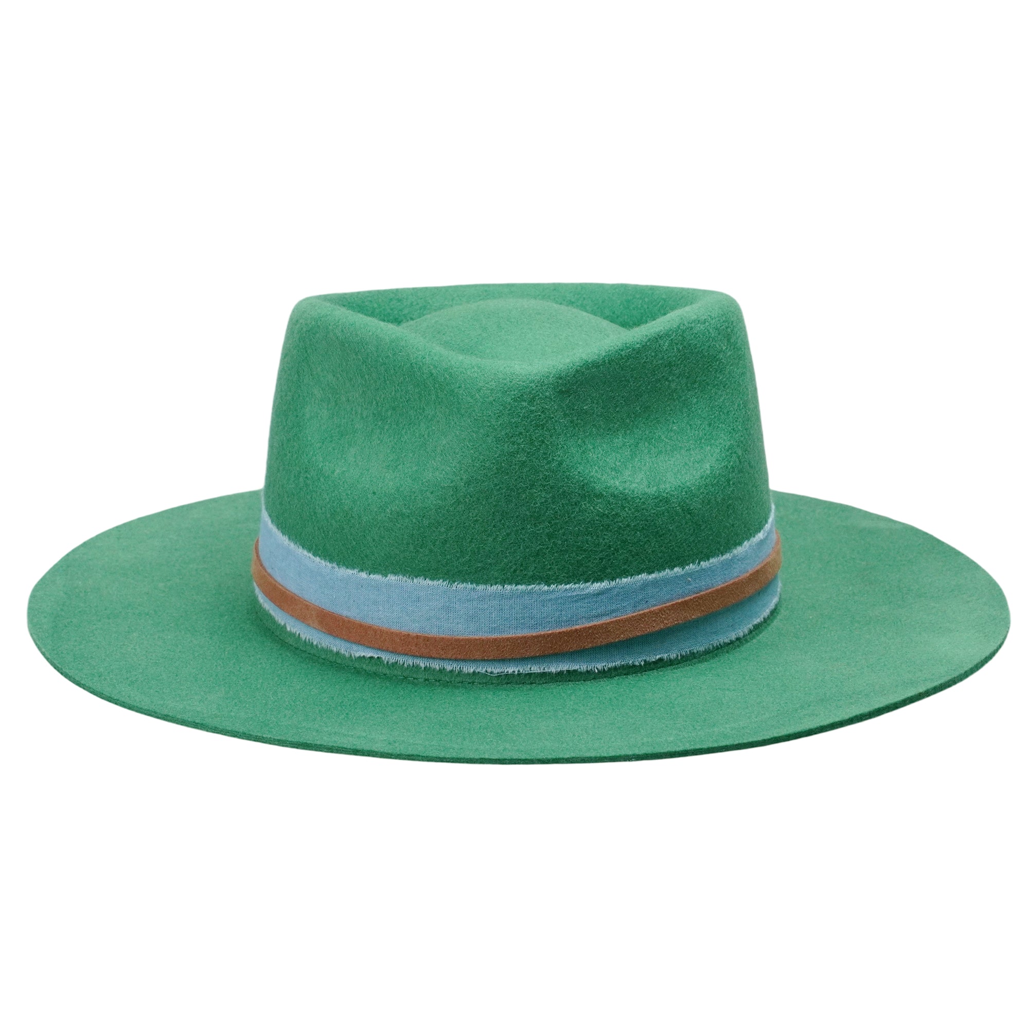 Green Straight Brim Felt Hat with Denim Band
