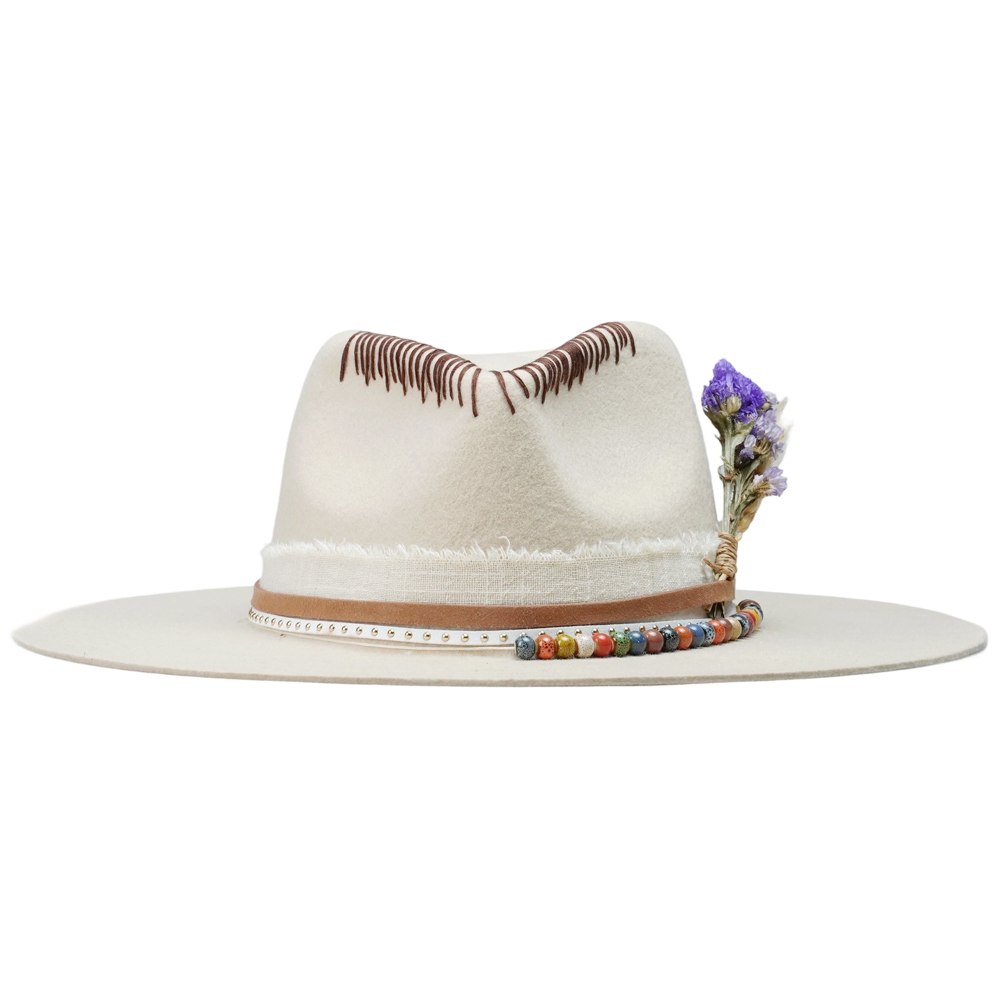 Cream Straight Brim Hat - Beaded Band & Stitching Detail