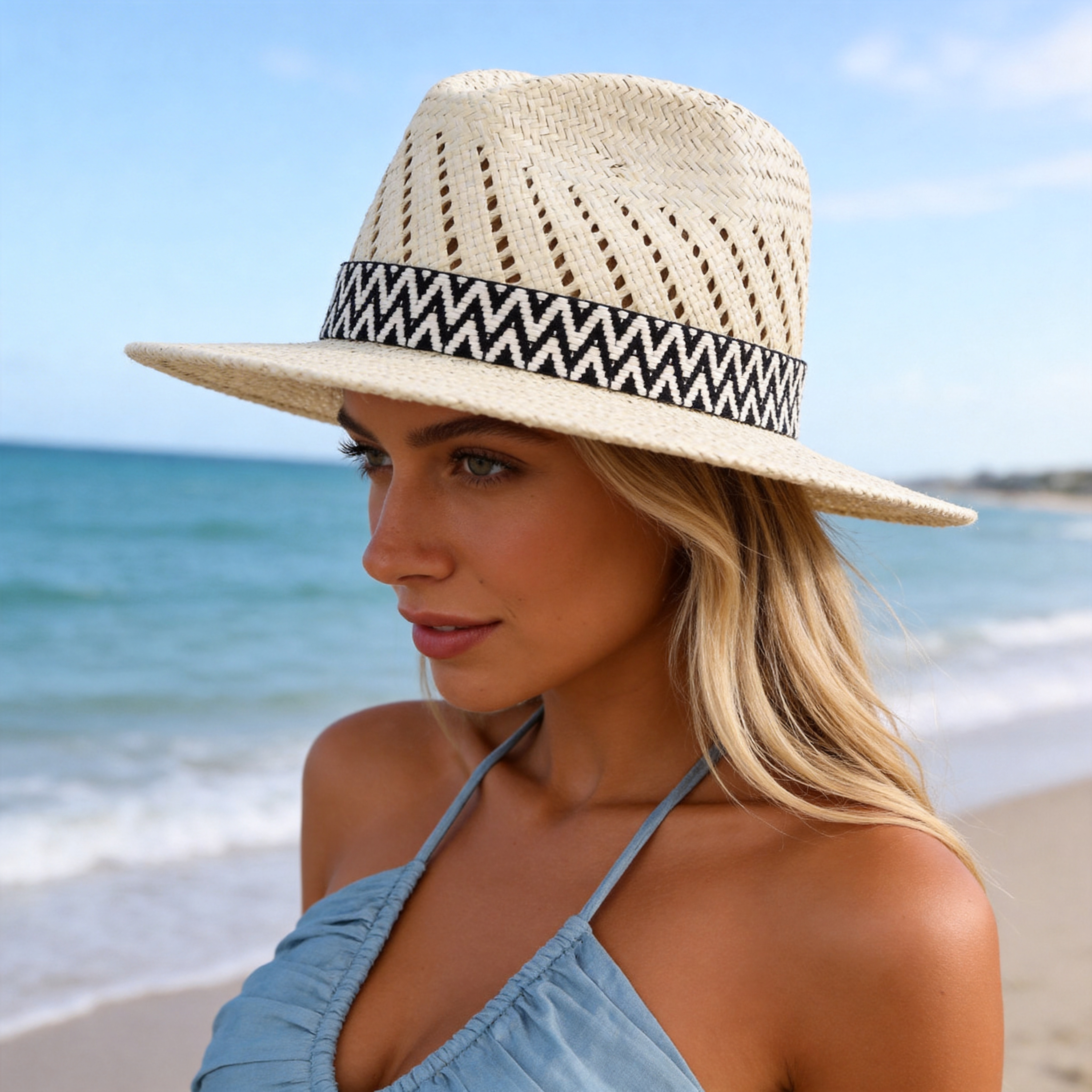 Straw Hat with B&W Patterned Fabric Band