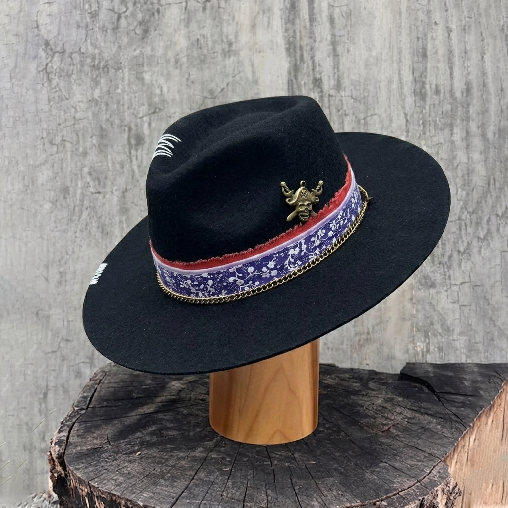 Felt Hat: Floral Fabric and Ornate Metal Detail