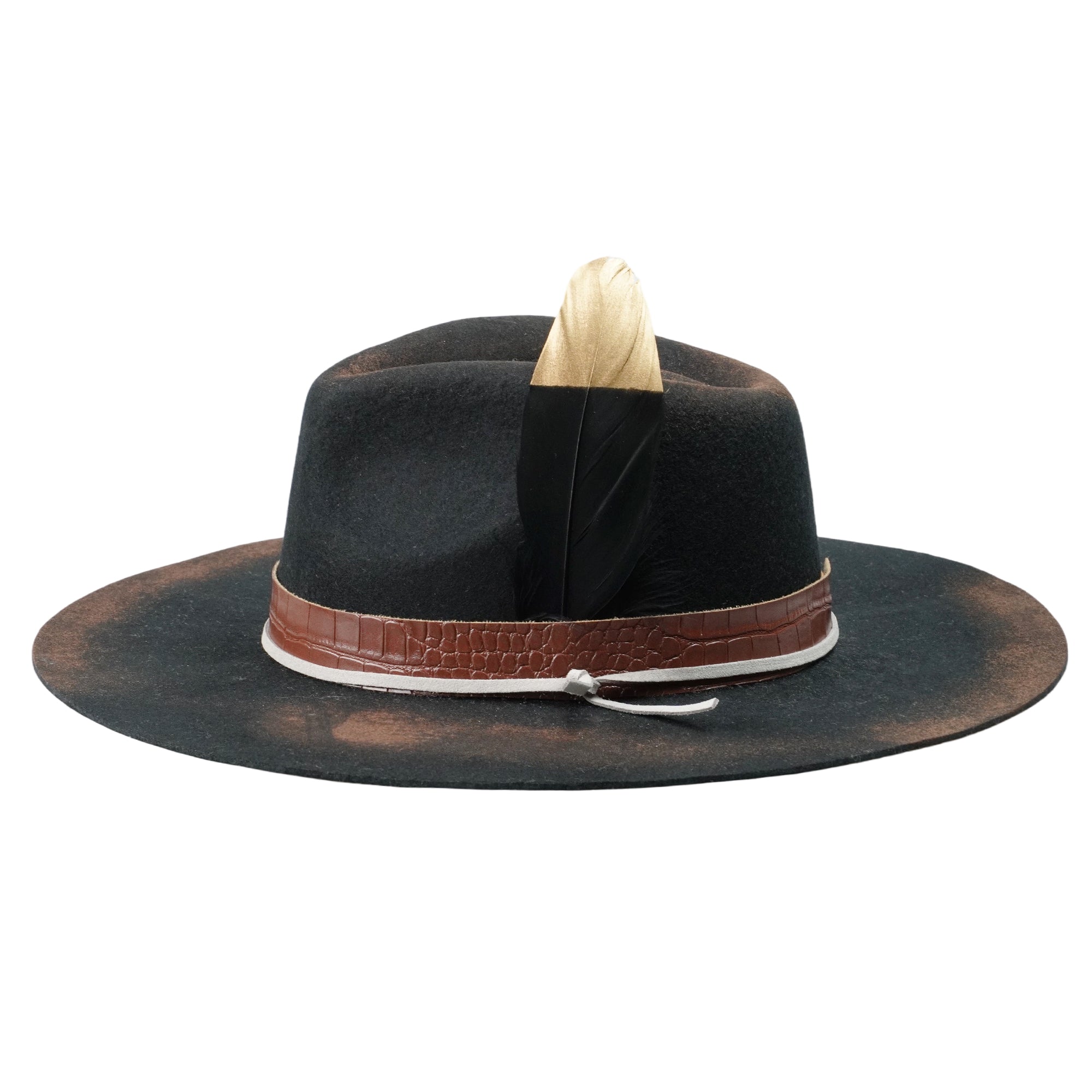 Hand-Burned Statement Felt Hat – Distressed Edge, Leather and Feather