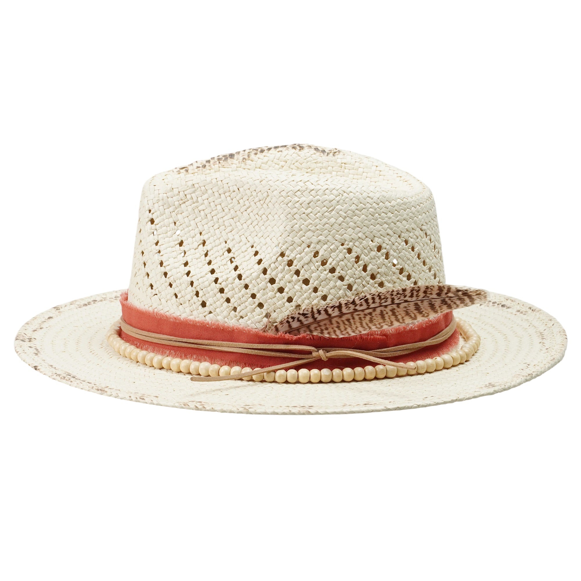 Distressed Straw Hat – Beaded Band, Feather Accent