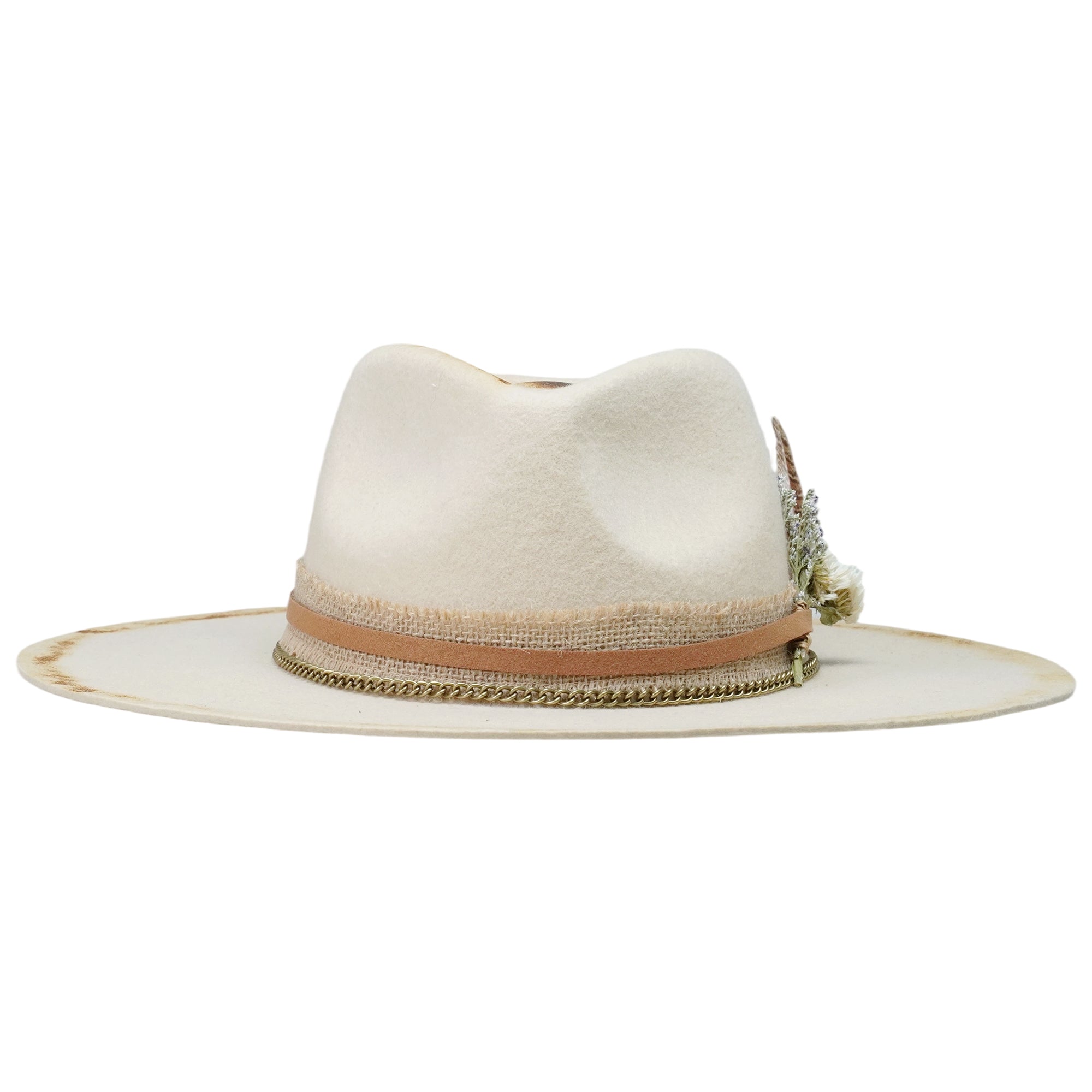 Off-White Flat Brim Felt Hat with Dried Flowers