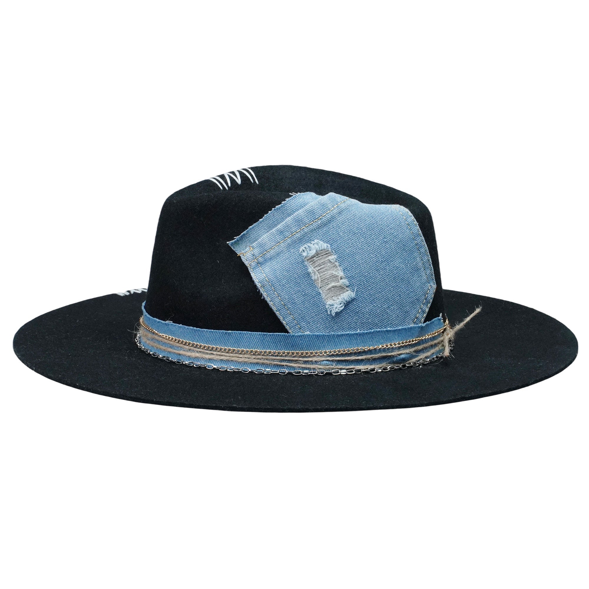 Teardrop Fedora - Black with Denim Stitching