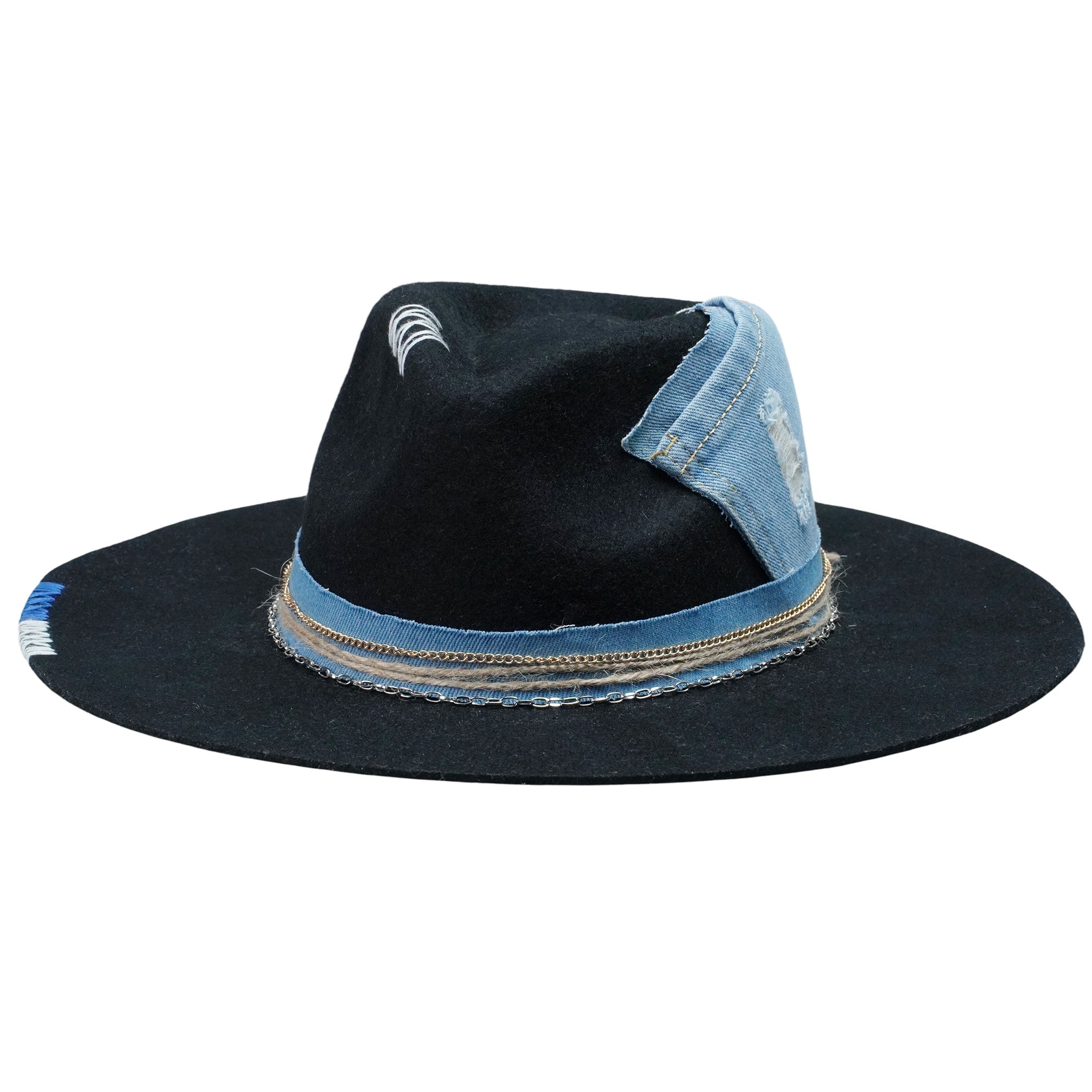 Teardrop Fedora - Black with Denim Stitching