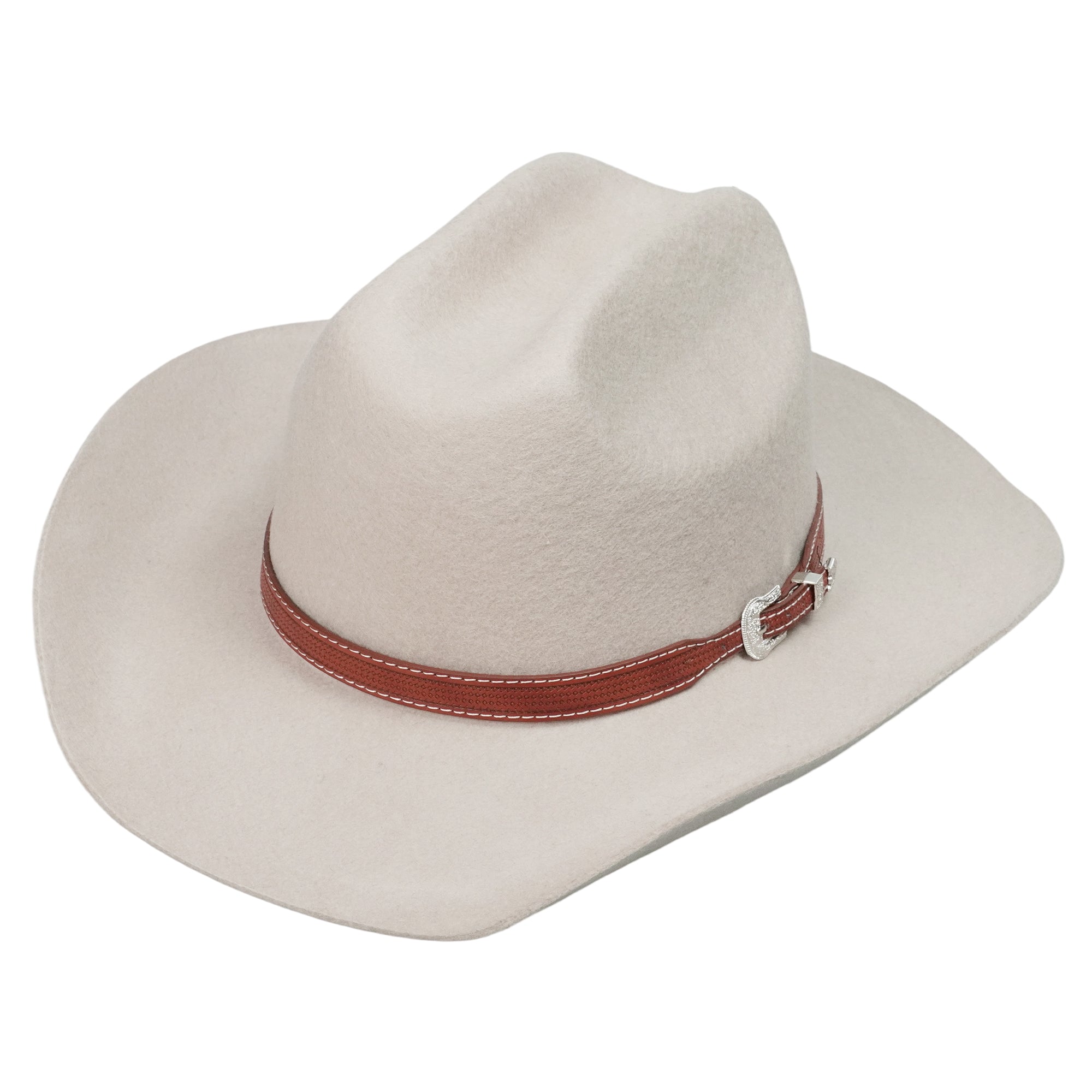 Modern Curled-Brim Hat – Soft Beige Felt, Artisan Leather Trim